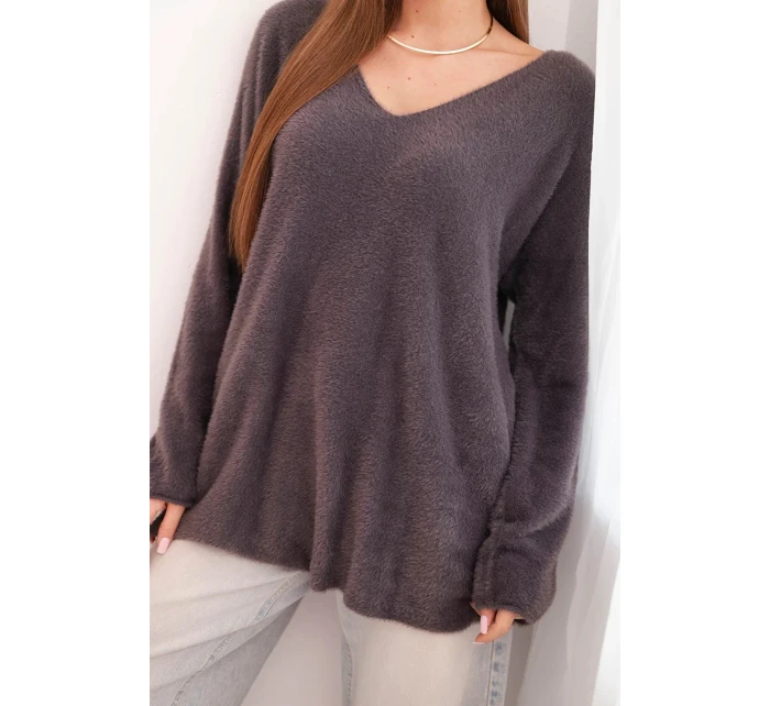 Dámský svetr hnědý z vlny s výstřihem do V hnědý