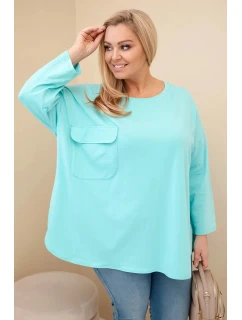 Dámská blůza Plus Size s bavlnou, kapsou a ohrnutým rukávem mátová
