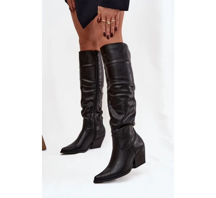 Dámské zateplené kozačky kovbojky na podpatku Rosvian – černé, eko semiš Dámské zateplené kozačky kovbojky na podpatku Rosvian – černé, eko semiš