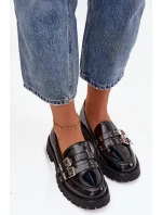 Lakované dámské mokasíny s pásky a stříbrnými přezkami Gabrisse – černé