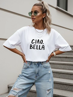 Dámské tričko oversize s potiskem „Ciao Bella“, bílé, FashionStreet NX9002RY