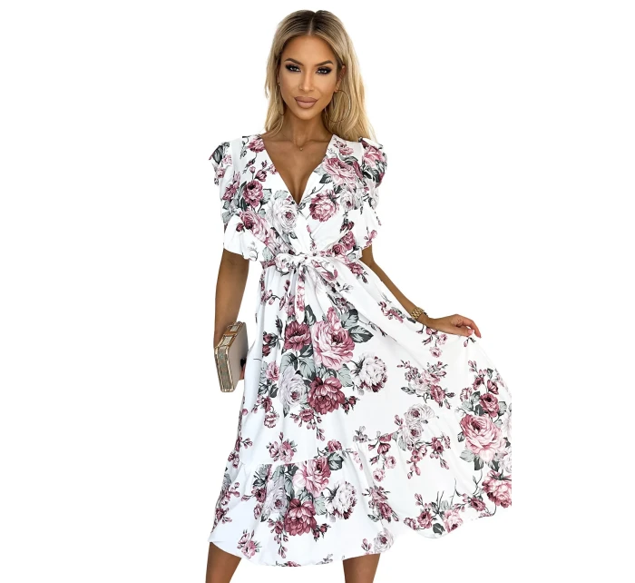 GABRIELLA Bílé dámské šaty s výstřihem, zavazováním a se vzorem bordó růží model 21290241 - numoco basic GABRIELLA Bílé dámské šaty s výstřihem, zavazováním a se vzorem bordó růží model 21290241 - numoco basic