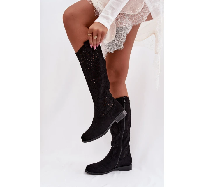 Dámské perforované kozačky na nízkém podpatku S.Barski HY61-8023 Černé