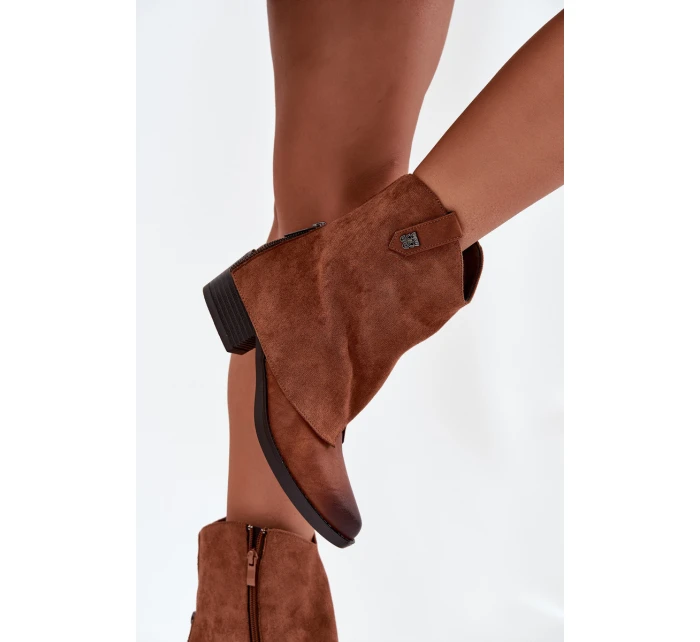 Dámské zateplené kotníkové botky kovbojky na sloupku – camel Sylvette Dámské zateplené kotníkové botky kovbojky na sloupku – camel Sylvette