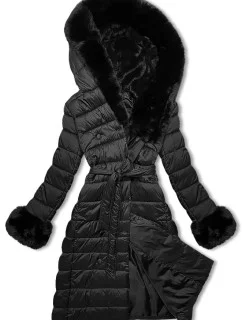 Černý péřový zimní kabát s kožešinovou kapucí model 21248502 - J.STYLE