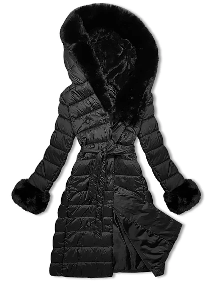 Černý péřový zimní kabát s kožešinovou kapucí model 21248502 - J.STYLE Černý péřový zimní kabát s kožešinovou kapucí model 21248502 - J.STYLE