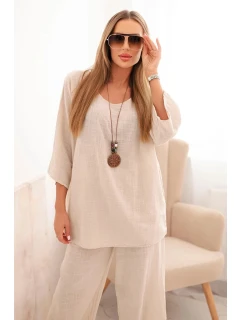 Dámský komplet z model 21193162 blůza s náhrdelníkem a kalhoty béžový - K-Fashion