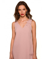 K128 Jednobarevné šaty áčkového střihu s mašlí - krepová růžová