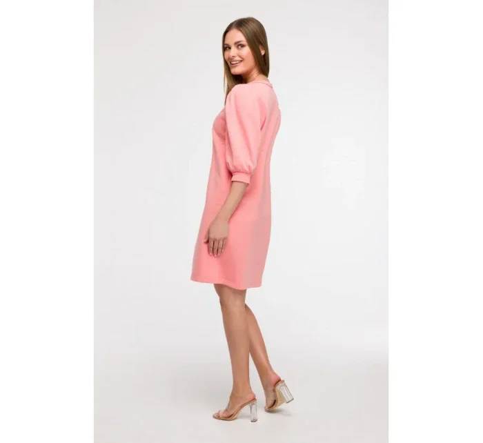 B291 Šaty áčkového střihu s pouzdrovými rukávy - korálová barva