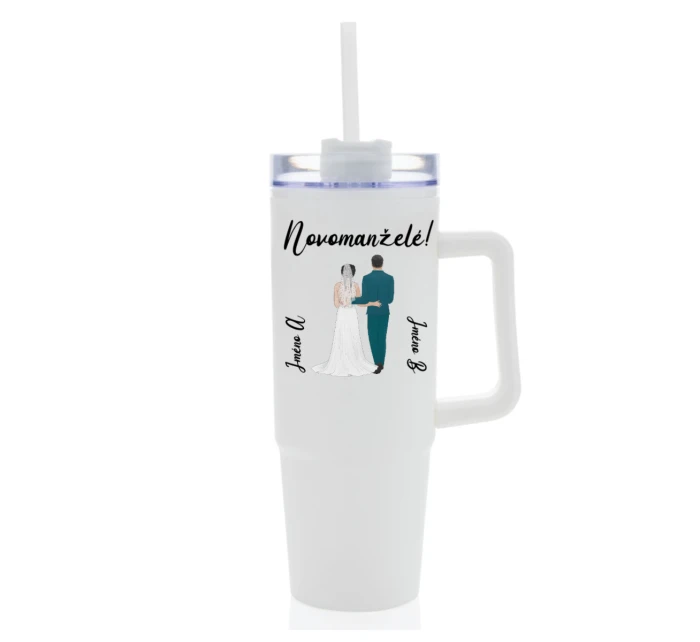 Personalizovaná termoska s průhledným víčkem s novomanželským párem 