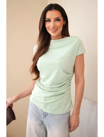 Dámská žebrovaná halenka z viskózy s model 22030146 výstřihem a nařasením tmavě mátová - K-Fashion