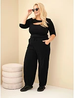 Dámské kalhoty bavlněné Plus Size manšestrové s gumou v pase a kapsami černé