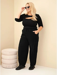Dámské kalhoty bavlněné Plus Size manšestrové s gumou v pase a kapsami černé