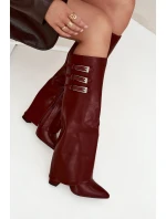 Dámské Kozačky Na Podpatku  Pásky S Přezkami Bordové model 21704830 - Boto