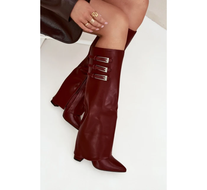 Dámské Kozačky Na Podpatku  Pásky S Přezkami Bordové model 21704830 - Boto