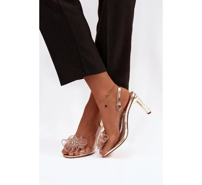 Sandály na podpatku s ozdobou a krystaly D&A MR52-236 zlaté Sandály na podpatku s ozdobou a krystaly D&A MR52-236 zlaté