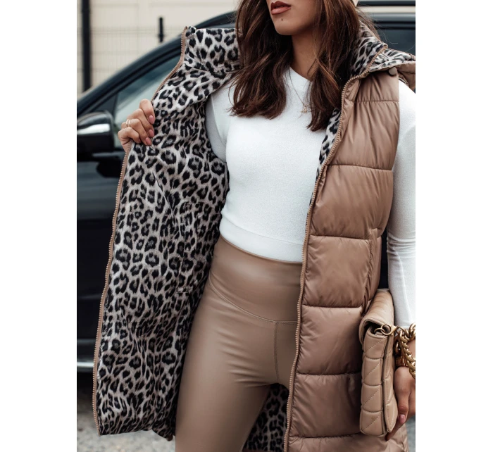Dámská přechodná prošívaná vesta ELEGANCIO s kapucí oboustranná velbloudí FashionStreet TY4656