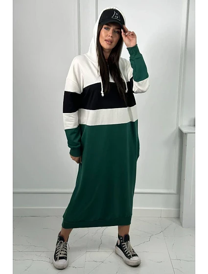 model 18856936 šaty s kapucí ecru + černá + tmavě zelená - K-Fashion
