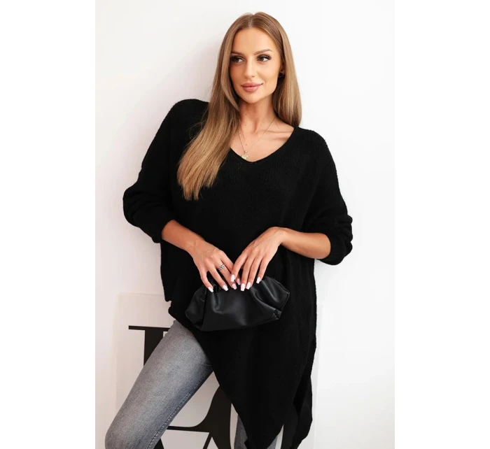 Svetr dámský vlněný asymetrický Plus Size s výstřihem do V černý Svetr dámský vlněný asymetrický Plus Size s výstřihem do V černý