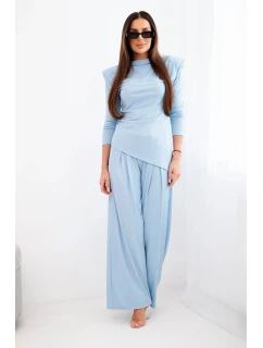 Dámský bavlněný komplet s model 21924489 a kalhotami s širokými nohavicemi modrý - K-Fashion