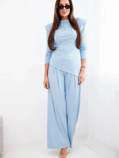 Dámský bavlněný komplet s model 21924489 a kalhotami s širokými nohavicemi modrý - K-Fashion