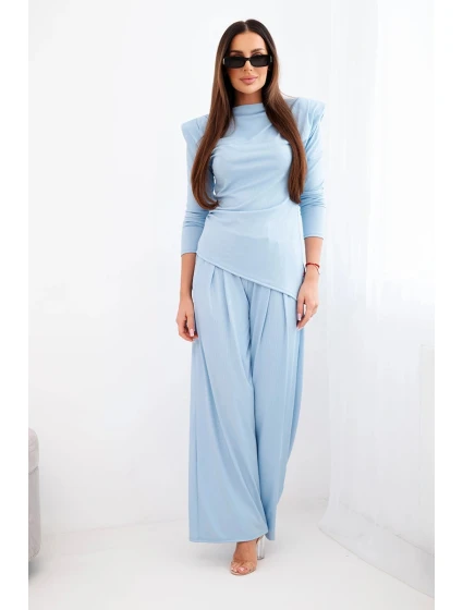 Dámský bavlněný komplet s model 21924489 a kalhotami s širokými nohavicemi modrý - K-Fashion Dámský bavlněný komplet s model 21924489 a kalhotami s širokými nohavicemi modrý - K-Fashion