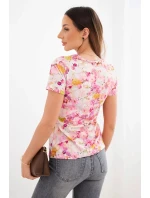 Dámská viskózová žebrovaná halenka s květinovým potiskem světle růžová