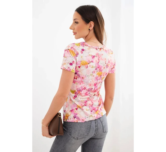 Dámská viskózová žebrovaná halenka s květinovým potiskem světle růžová