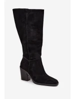 Semišové Kozačky Na Podpatku Se Zipem Černé model 21705064 - Boto
