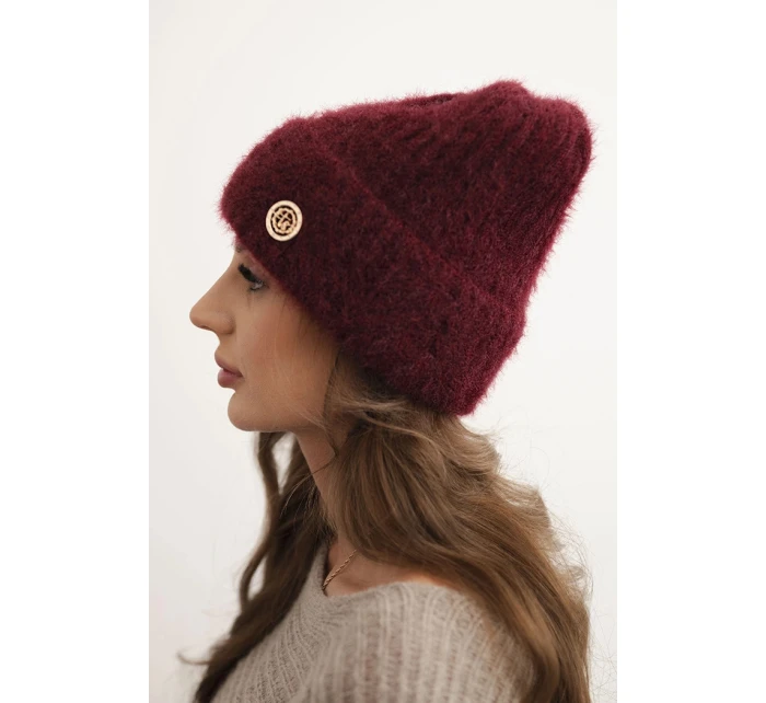 Dámská zimní čepice z příze a s knoflíkem bordová model 21441808 - K-Fashion