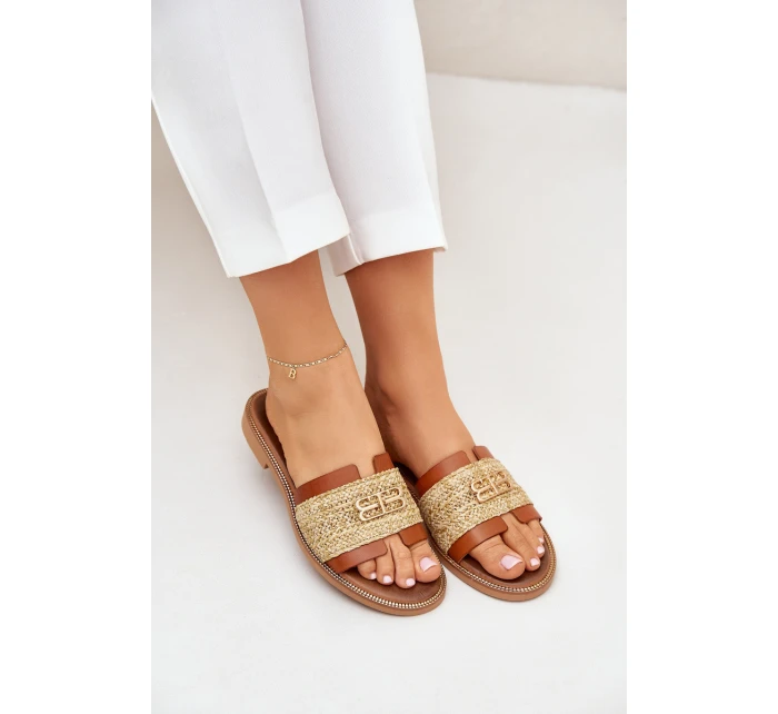 Kožené Pantofle S Dekorativním Detailem A Pletením Hnědé Zazoo 40426