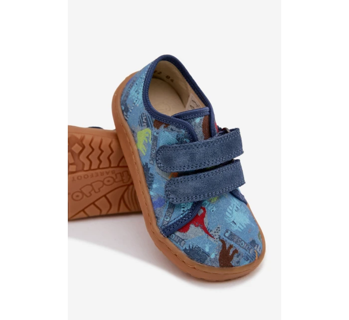 Dětské domácí pantofle Barefoot Dinosauři Froddo Canvas G1700440-15 Modré