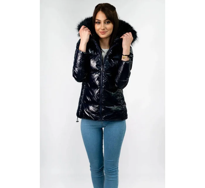 Tmavě modrá lakovaná dámská prošívaná bunda (7693)