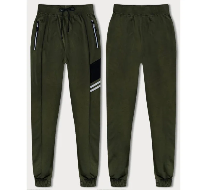 Pánské teplákové kalhoty v khaki barvě s barevnými vsadkami model 18619881 - J.STYLE
