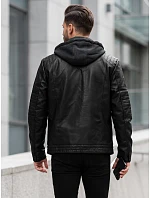 Pánská kožená zateplená bunda s kapucí, černá, FashionStreet TX5145 Pánská kožená zateplená bunda s kapucí, černá, FashionStreet TX5145