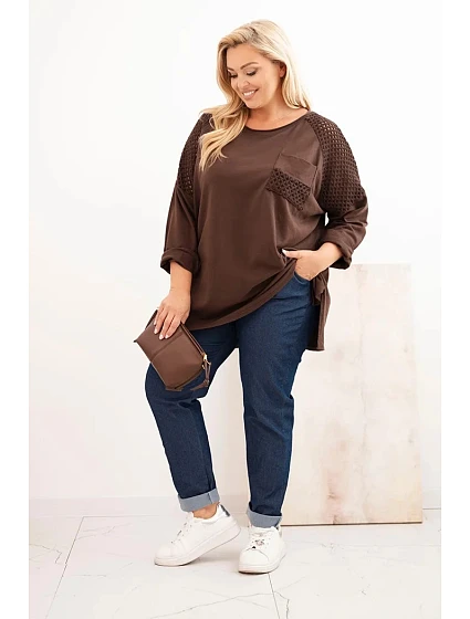 Dámská plus size bavlněná blůza s potiskem hnědá