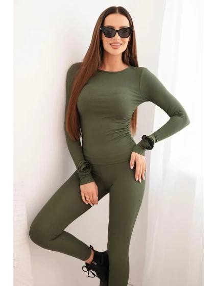 Dámský komplet z žebrované viskózy s dlouhým rukávem a legínami khaki