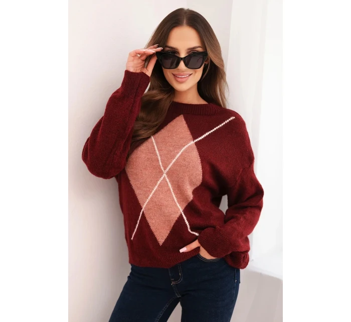 Dámský svetr s příměsí vlny a v vzoru bordový model 21774769 - K-Fashion Dámský svetr s příměsí vlny a v vzoru bordový model 21774769 - K-Fashion