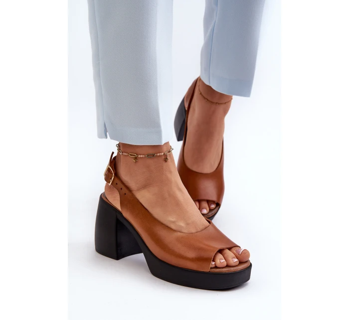 Zazoo 40376 Kožené Sandály Na Masivním Podpatku Hnědé