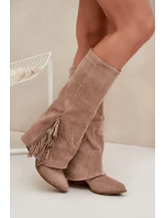 Dámské Kožené Boty Na Podpatku S třásněmi Béžové model 21704788 - Boto