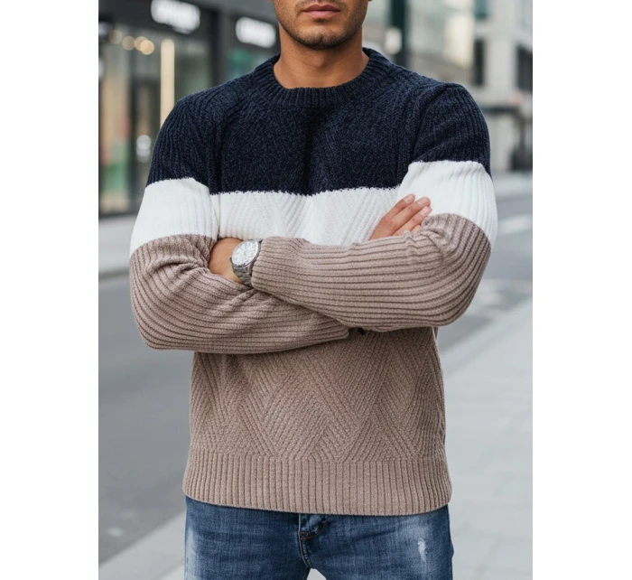Pánský svetr s kulatým výstřihem tmavě modrý a béžový Dstreet model 21994017 - FashionStreet