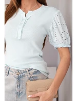 Dámská bavlněná žebrovaná halenka s nabíraným rukávem a knoflíky světle mátová