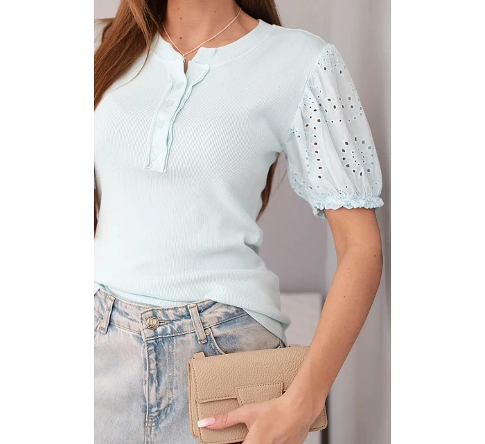 Dámská bavlněná žebrovaná halenka s nabíraným rukávem a knoflíky světle mátová