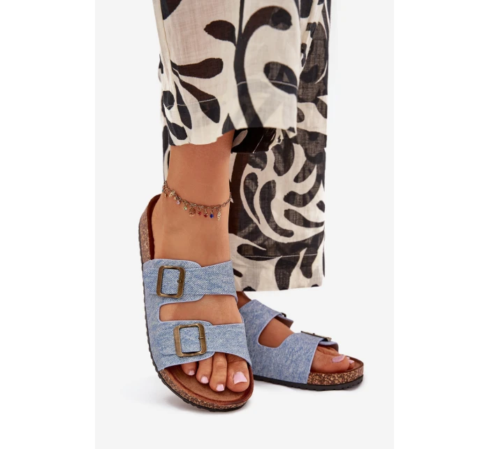 Dámské pantofle na korkové platformě s přezkami – světlý denim