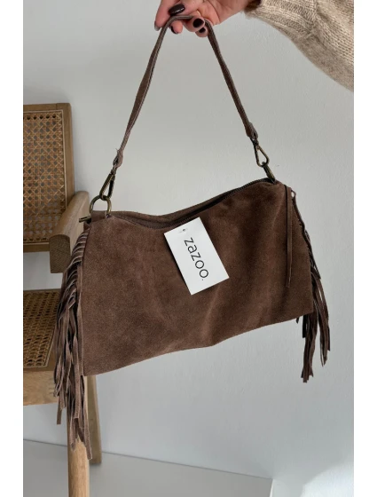 Dámská kožená semišová kabelka s třásněmi Jessira – hnědá