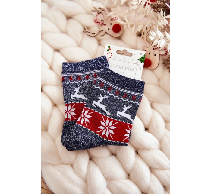 Dámské vánoční ponožky lesklé sobověnámořnická modrá