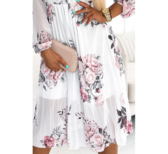 CARLA - Dámské plisované midi šaty s knoflíčky, dlouhými rukávy a se vzorem růží na bílém pozadí 449-6