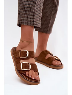 Dámské pantofle z imitace semiše s zlatými přezkami Camel model 22122708 - Boto