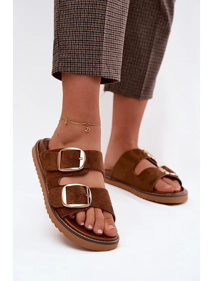 Dámské pantofle z imitace semiše s zlatými přezkami Camel model 22122708 - Boto