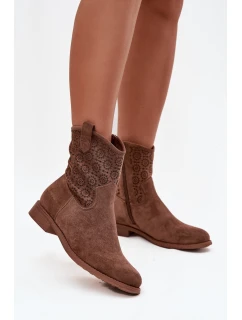 Dámské kotníkové boty na plochém podpatku s ažurovým vzorem S.Barski – hnědé